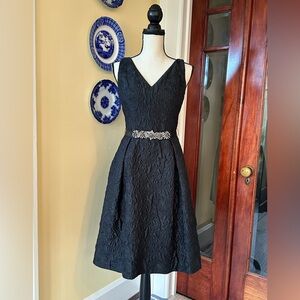 Teri Jon | Silk Blend Textured Fit & Flare Cocktail Dress w/Jeweled Belt, Size 4